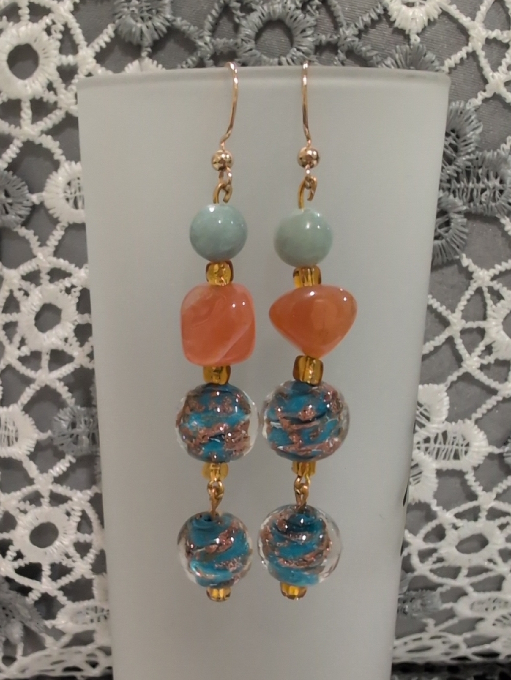 NWOT  handcrafted Dangle Earrings with Coral and Aqua/Gold Glass Beads